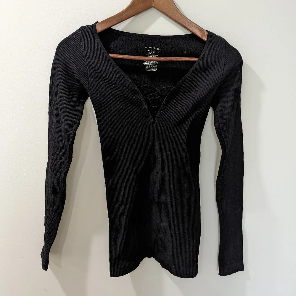 Free People Black Ribbed Long Sleeve Top